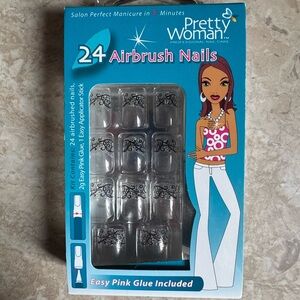 Pretty Woman Airbrush Y2K Nails Silver Glitter Black Swirl Swirls 24 Nail Set